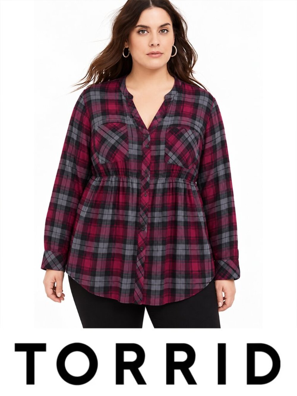 Torrid 2 (2X) Purple/Burgundy Plaid Button Front Long Sleeve Babydoll Tunic Top
